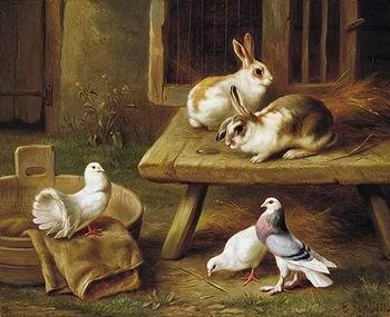 unknow artist Two Rabbits and three pigeons 069 Norge oil painting art
